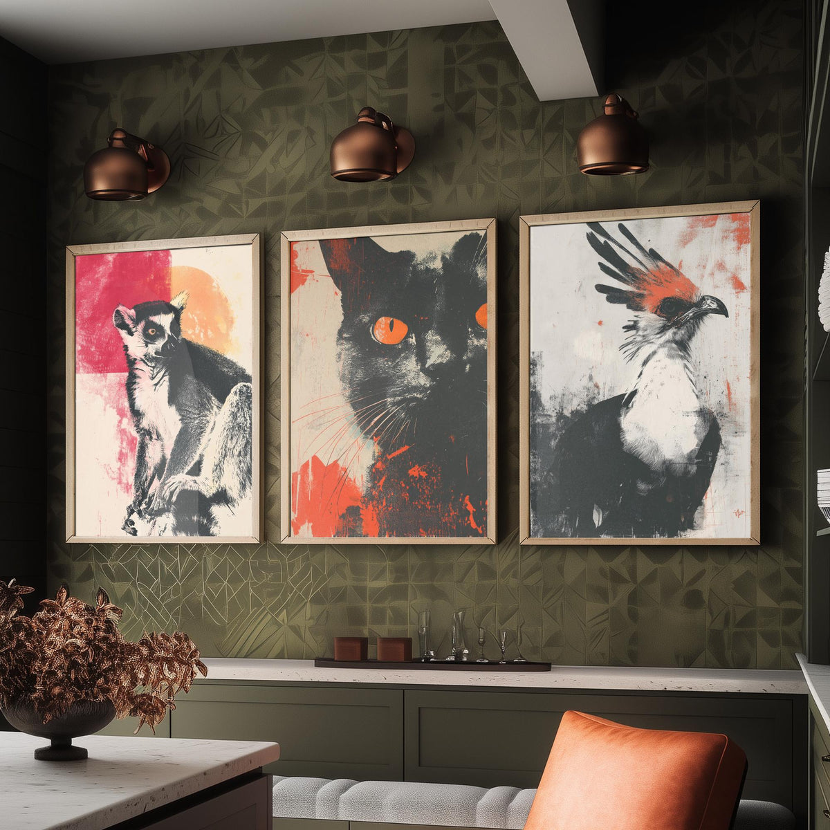 Flow Set of Three Art Prints - 3 Lemur Cat Secretary Bird Screen Print Posters - Retro Animal Wall Art Gift Illustration