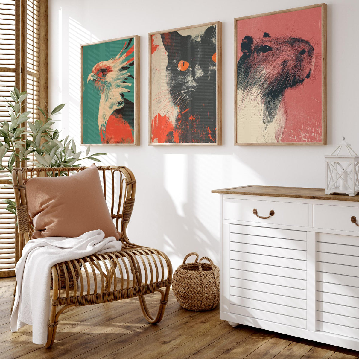 Flow Set of Three Art Prints - 3 Secretary Bird Cat Capybara Screen Print Posters - Retro Animal Wall Art Gift Illustration