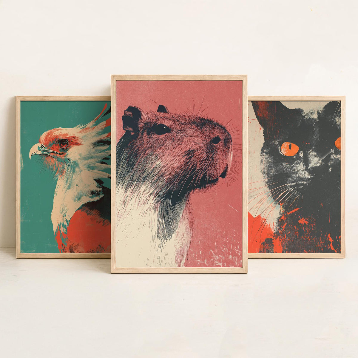 Flow Set of Three Art Prints - 3 Secretary Bird Cat Capybara Screen Print Posters - Retro Animal Wall Art Gift Illustration