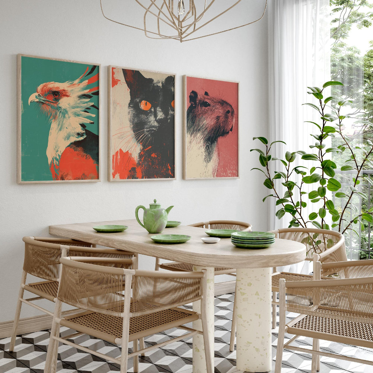 Flow Set of Three Art Prints - 3 Secretary Bird Cat Capybara Screen Print Posters - Retro Animal Wall Art Gift Illustration
