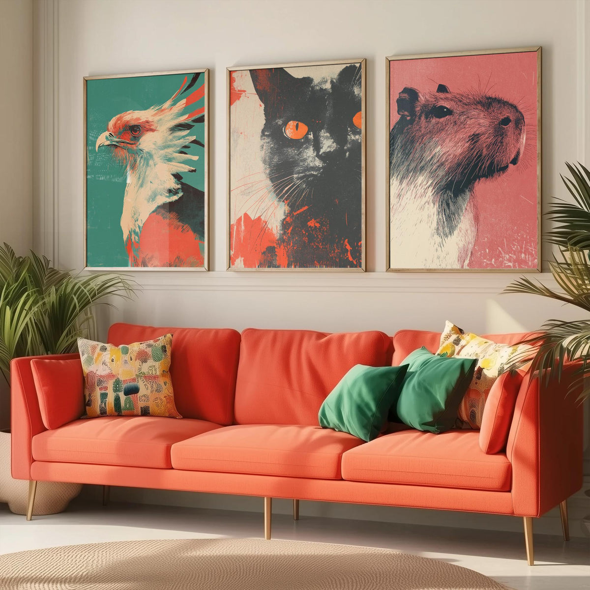 Flow Set of Three Art Prints - 3 Secretary Bird Cat Capybara Screen Print Posters - Retro Animal Wall Art Gift Illustration