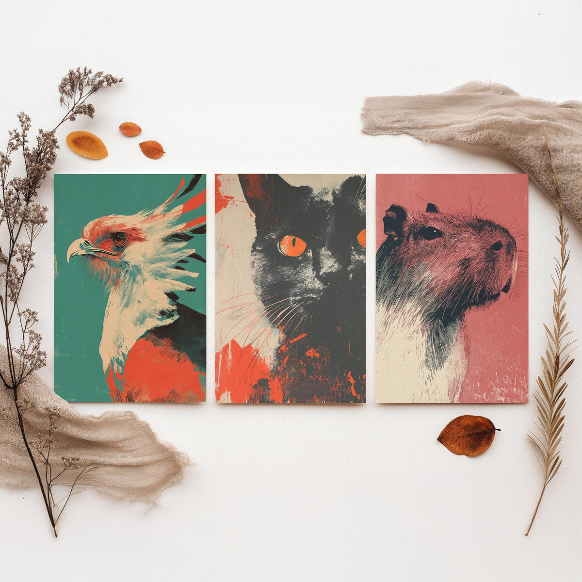 Flow Set of Three Art Prints - 3 Secretary Bird Cat Capybara Screen Print Posters - Retro Animal Wall Art Gift Illustration