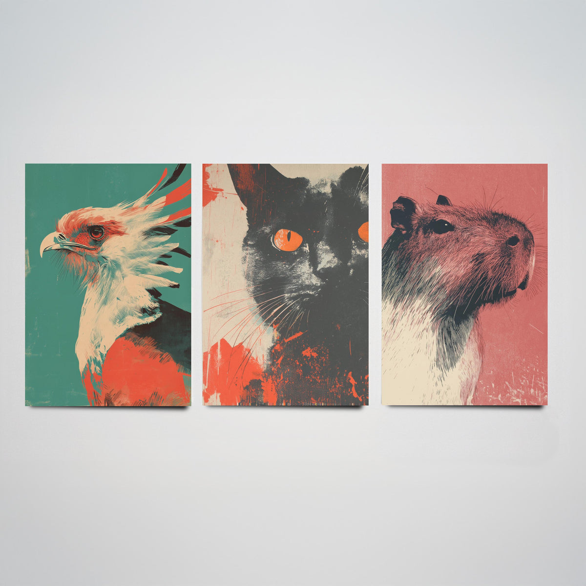 Flow Set of Three Art Prints - 3 Secretary Bird Cat Capybara Screen Print Posters - Retro Animal Wall Art Gift Illustration