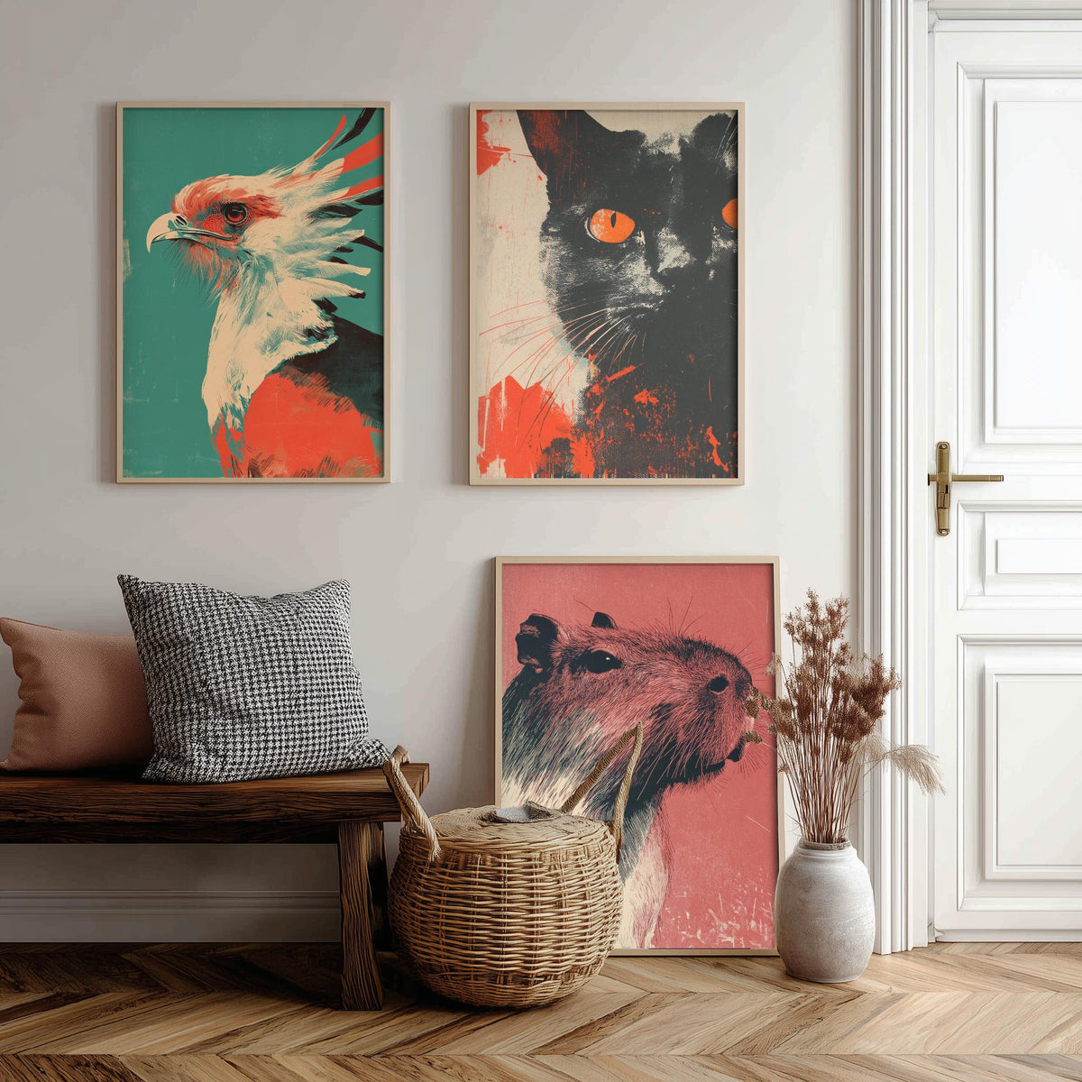 Flow Set of Three Art Prints - 3 Secretary Bird Cat Capybara Screen Print Posters - Retro Animal Wall Art Gift Illustration