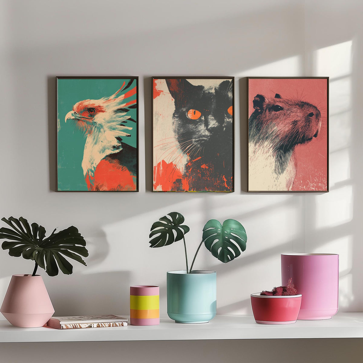 Flow Set of Three Art Prints - 3 Secretary Bird Cat Capybara Screen Print Posters - Retro Animal Wall Art Gift Illustration