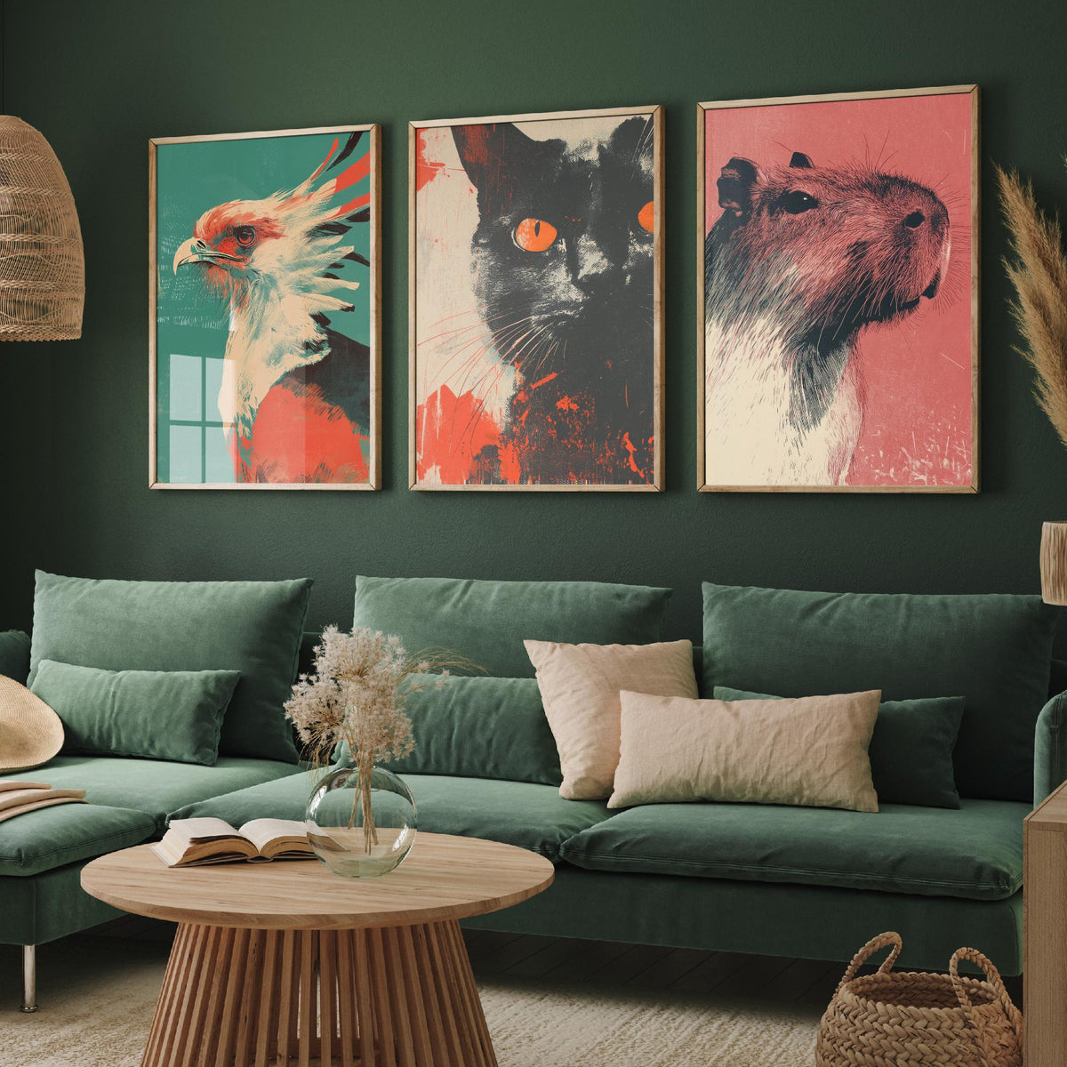 Flow Set of Three Art Prints - 3 Secretary Bird Cat Capybara Screen Print Posters - Retro Animal Wall Art Gift Illustration