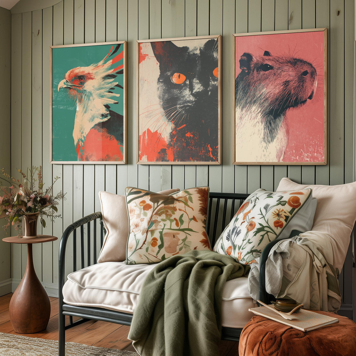 Flow Set of Three Art Prints - 3 Secretary Bird Cat Capybara Screen Print Posters - Retro Animal Wall Art Gift Illustration