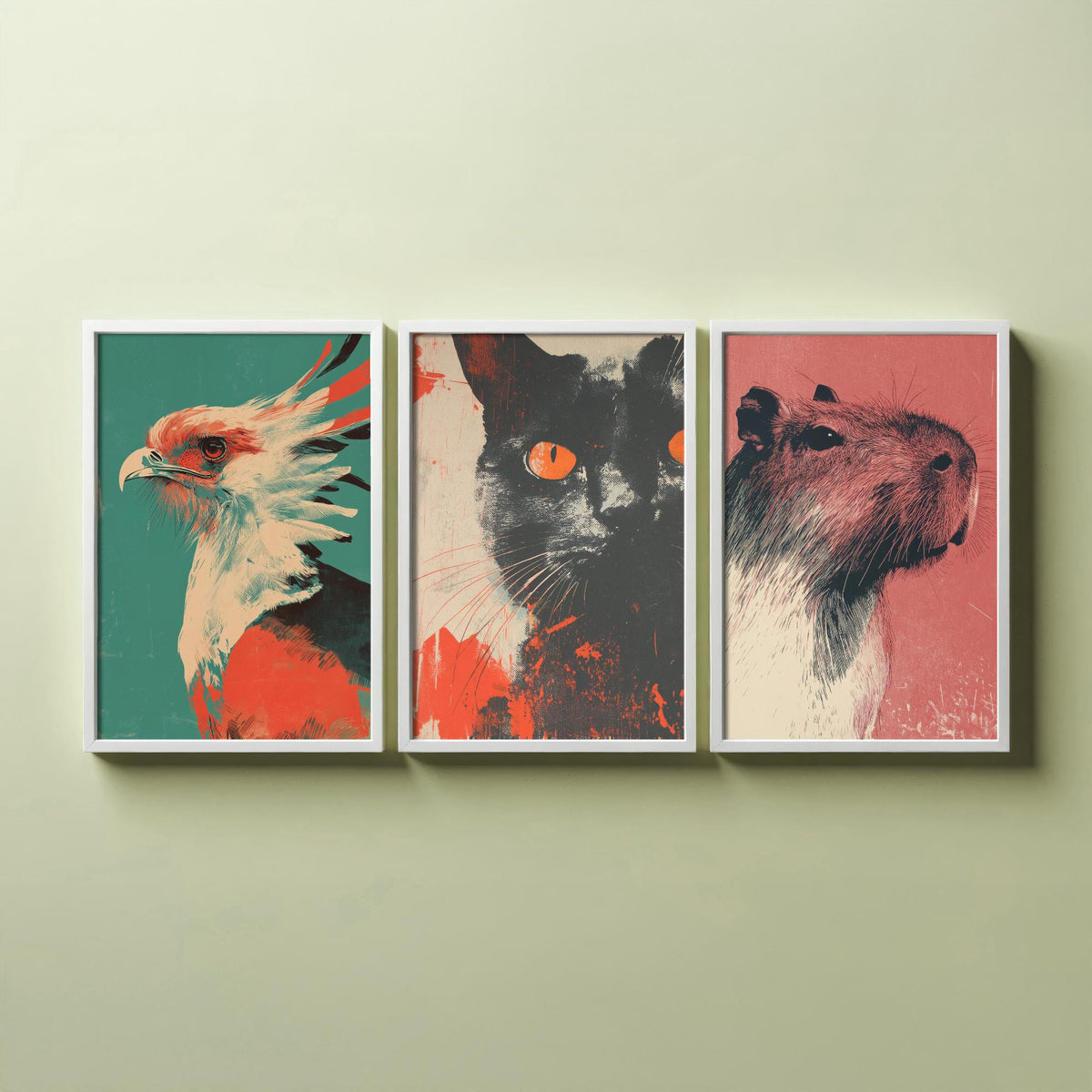 Flow Set of Three Art Prints - 3 Secretary Bird Cat Capybara Screen Print Posters - Retro Animal Wall Art Gift Illustration