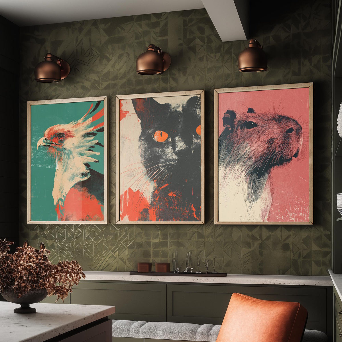 Flow Set of Three Art Prints - 3 Secretary Bird Cat Capybara Screen Print Posters - Retro Animal Wall Art Gift Illustration