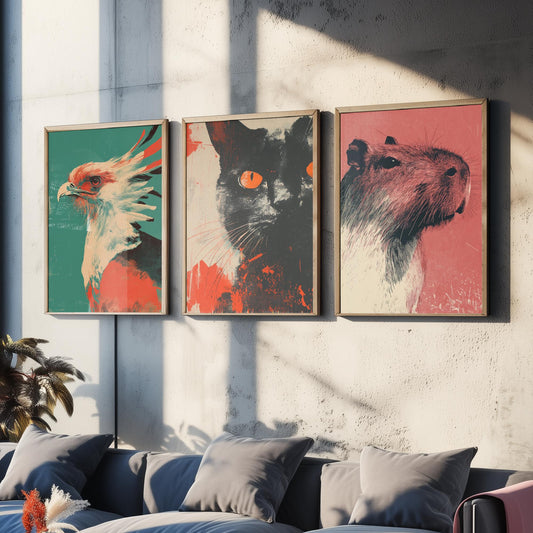 Flow Set of Three Art Prints - 3 Secretary Bird Cat Capybara Screen Print Posters - Retro Animal Wall Art Gift Illustration