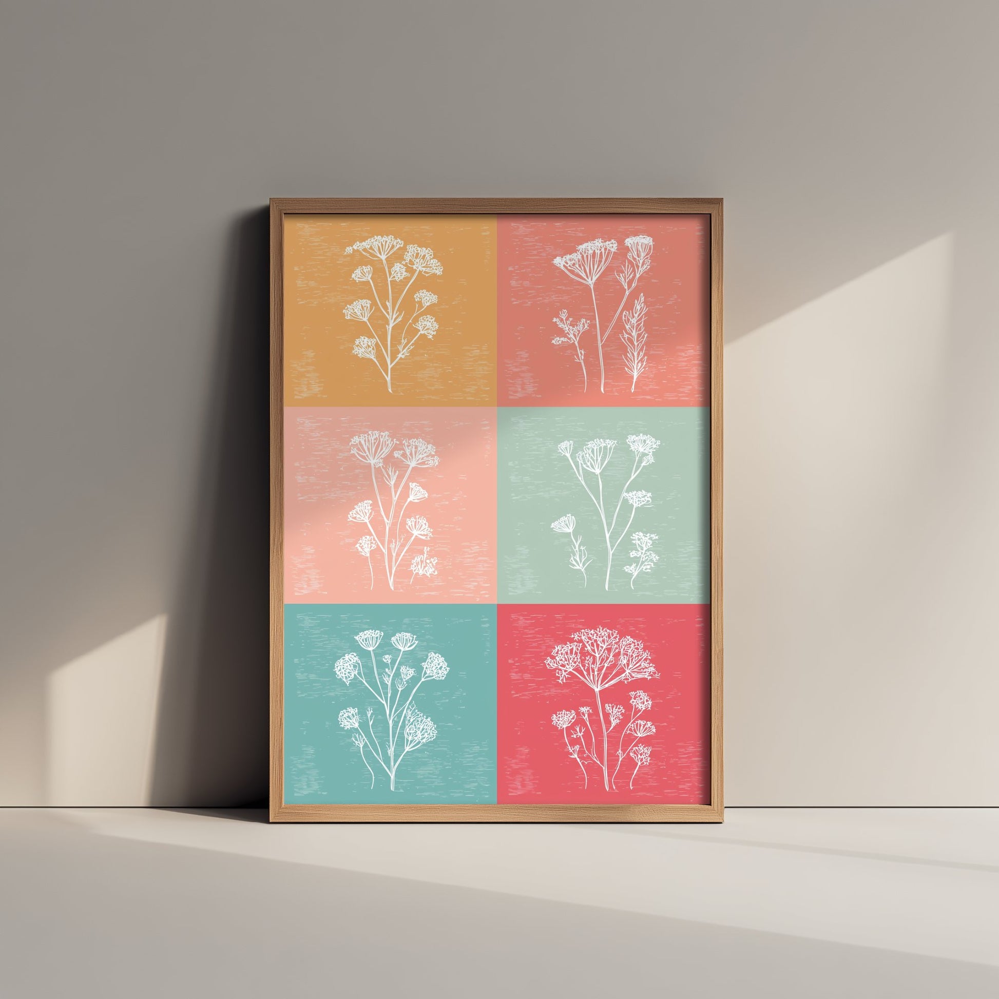 Wildflower Grid Art Print - Boho Botanical Poster - Colourful Line Illustration - Coral and Teal Floral V1 1/3