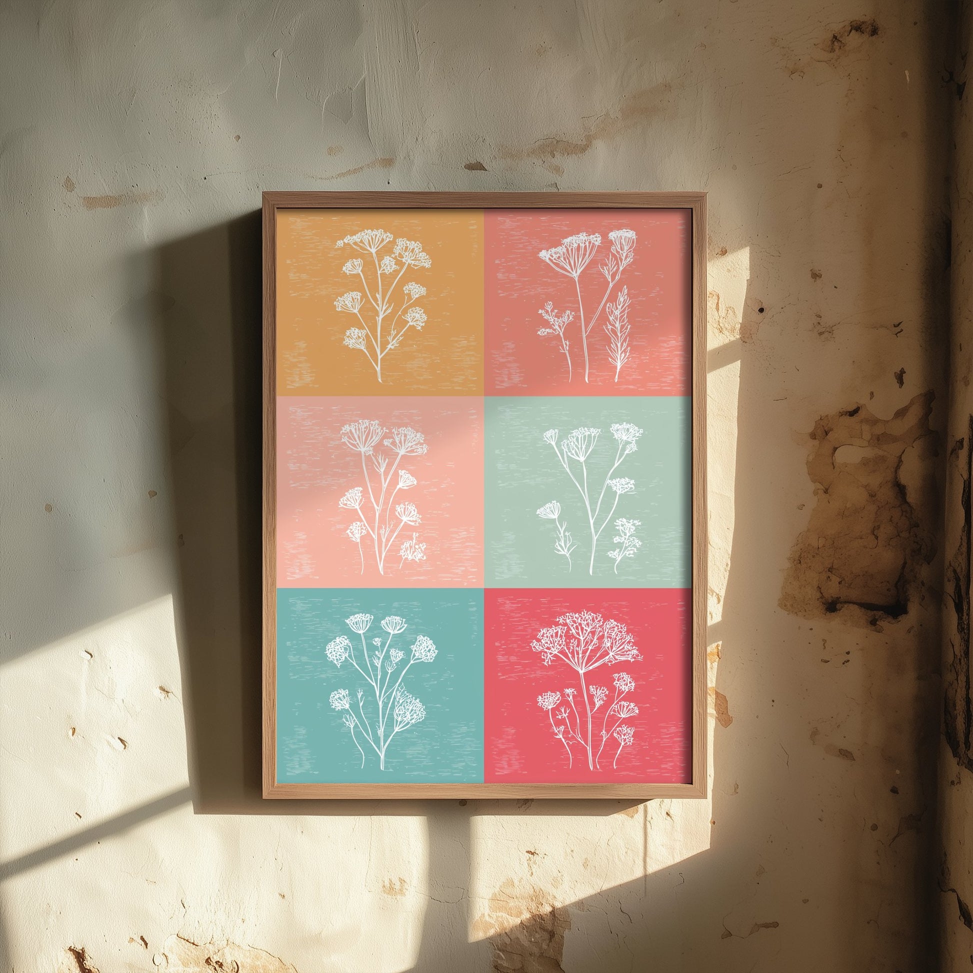 Wildflower Grid Art Print - Boho Botanical Poster - Colourful Line Illustration - Coral and Teal Floral V1 1/3