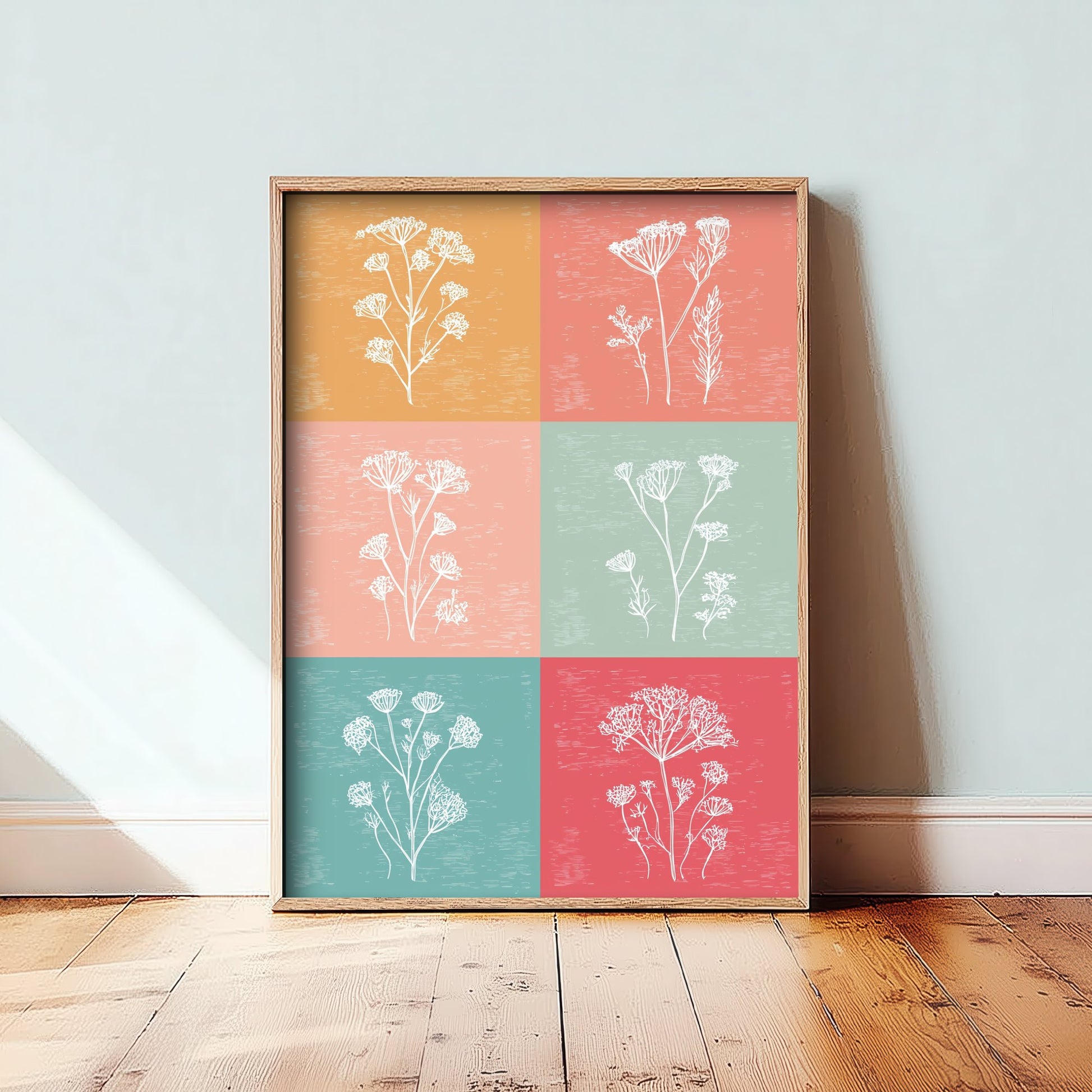 Wildflower Grid Art Print - Boho Botanical Poster - Colourful Line Illustration - Coral and Teal Floral V1 1/3