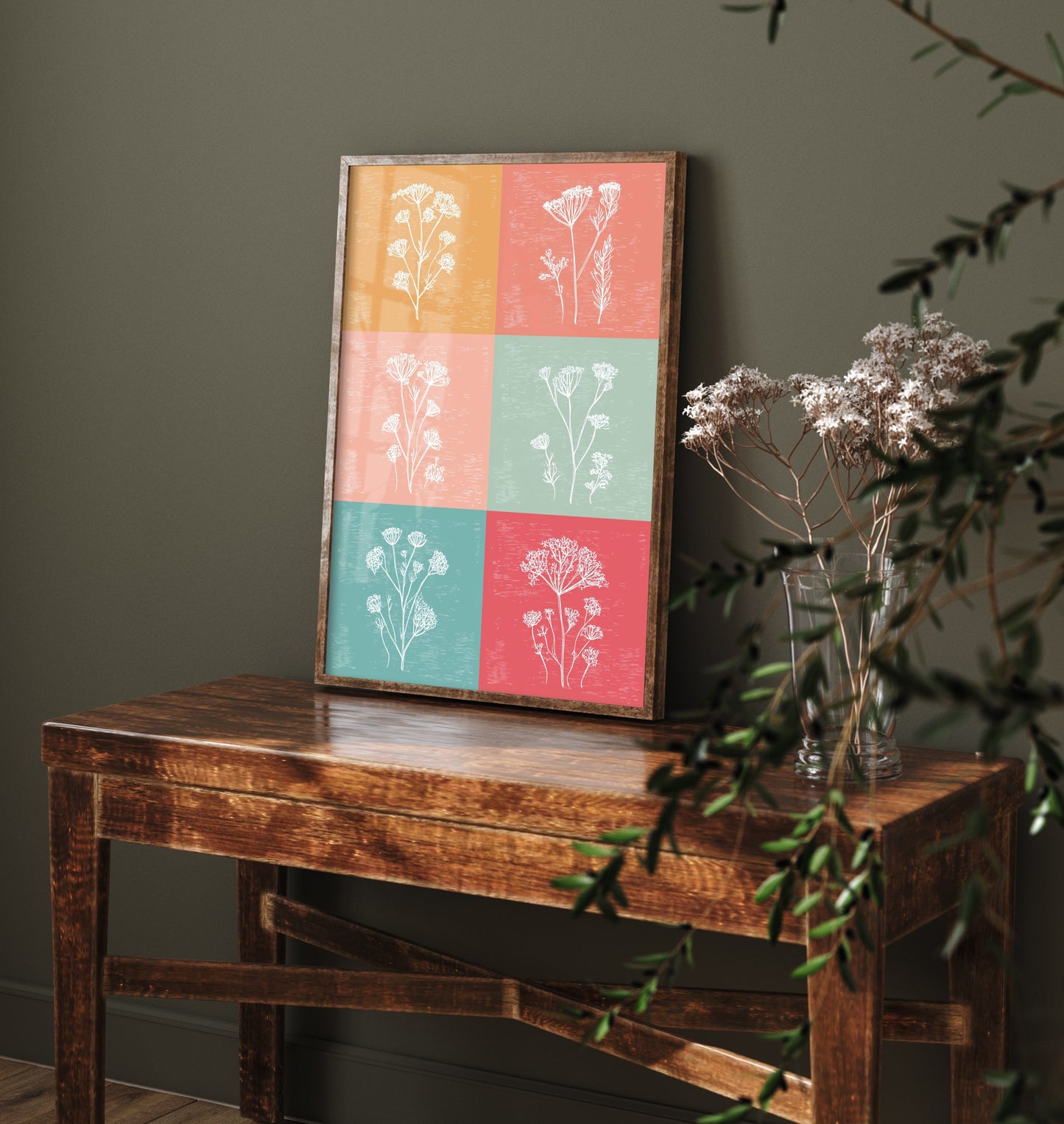 Wildflower Grid Art Print - Boho Botanical Poster - Colourful Line Illustration - Coral and Teal Floral V1 1/3