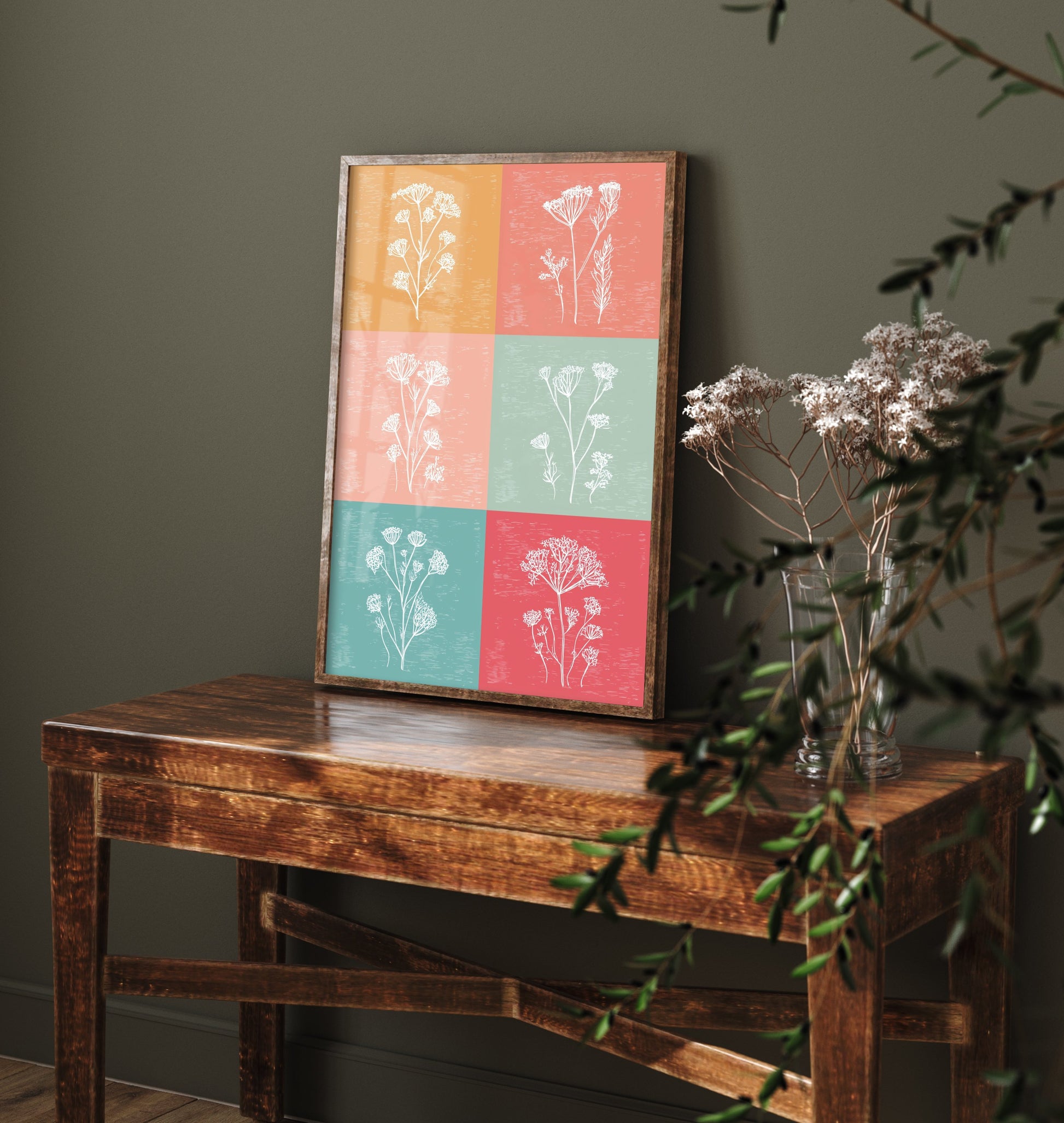 Wildflower Grid Art Print - Boho Botanical Poster - Colourful Line Illustration - Coral and Teal Floral V1 1/3