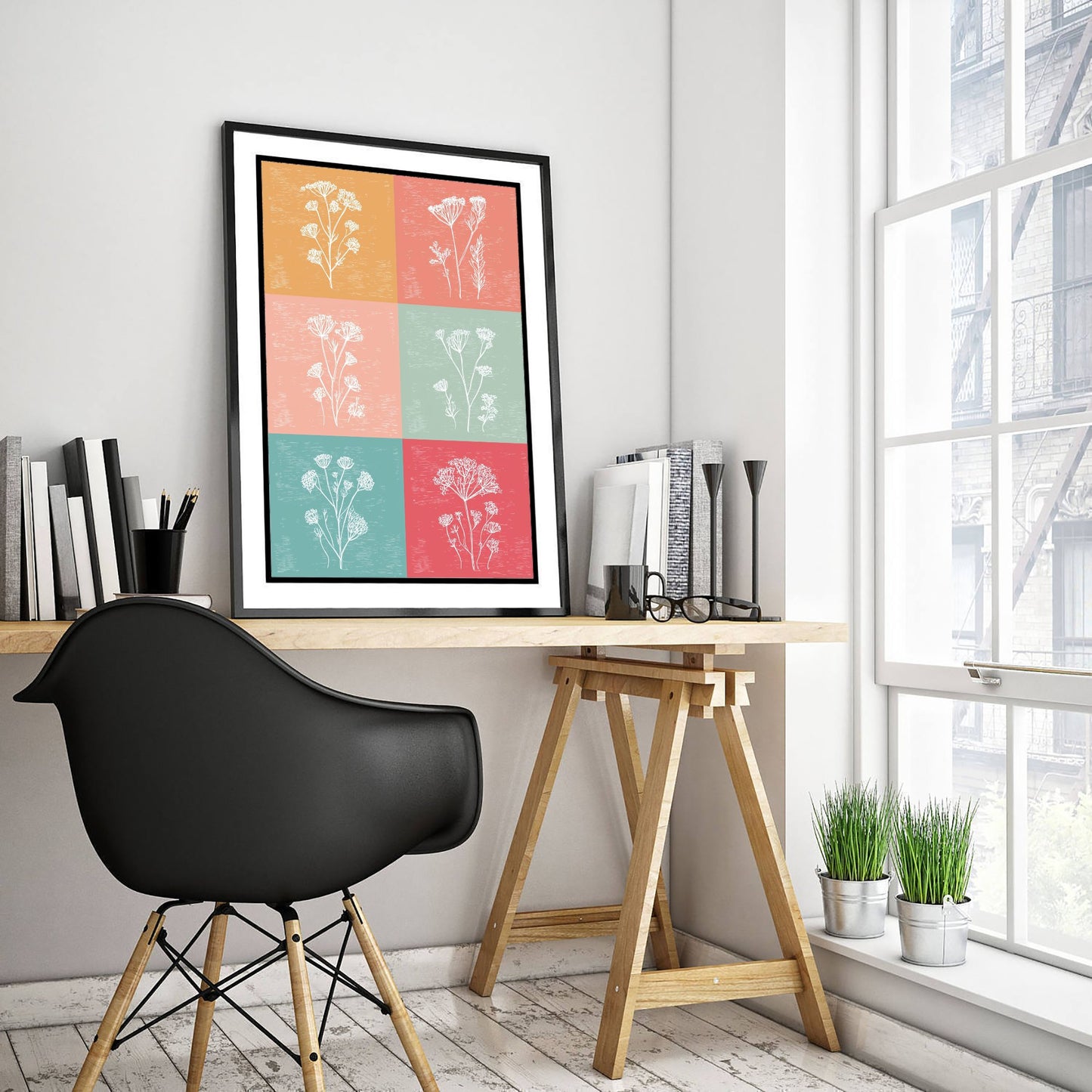 Wildflower Grid Art Print - Boho Botanical Poster - Colourful Line Illustration - Coral and Teal Floral V1 1/3