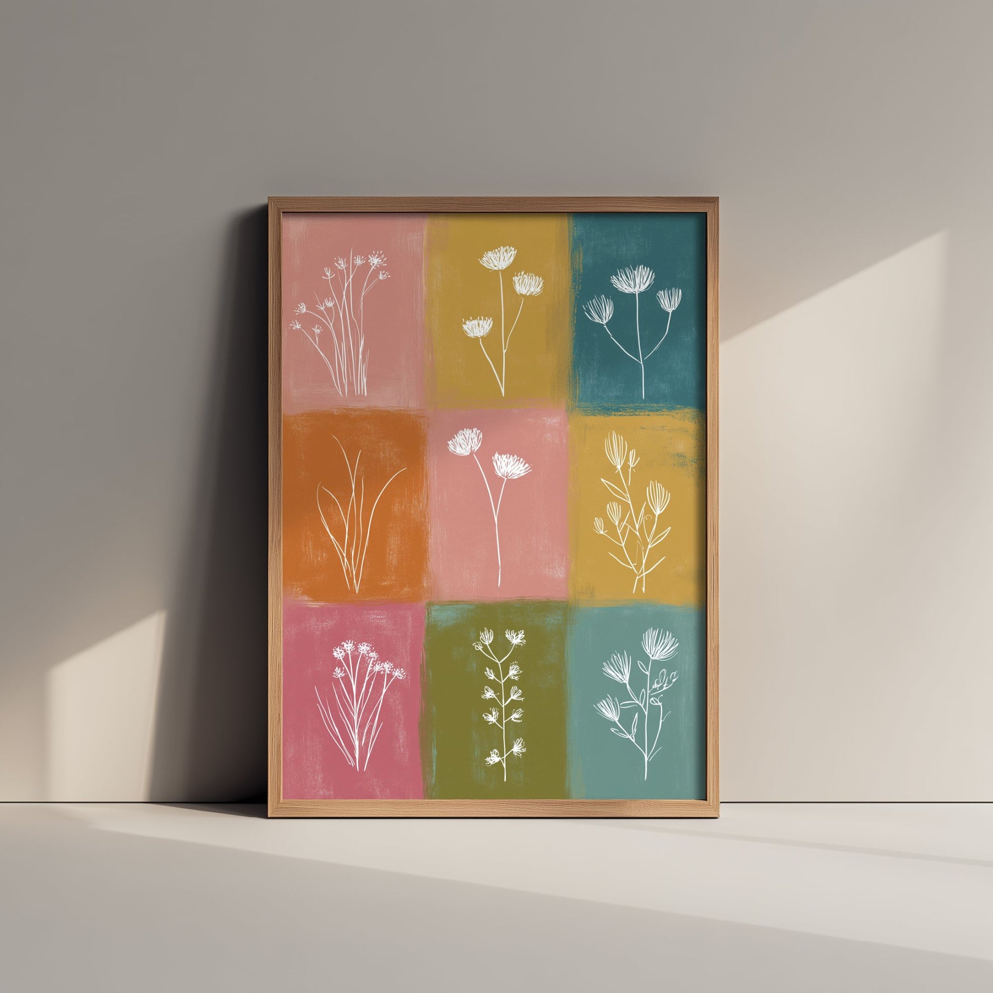 Wildflower Grid Art Print - Boho Botanical Poster - Colourful Line Illustration - Pink and Mustard Floral V1 2/3