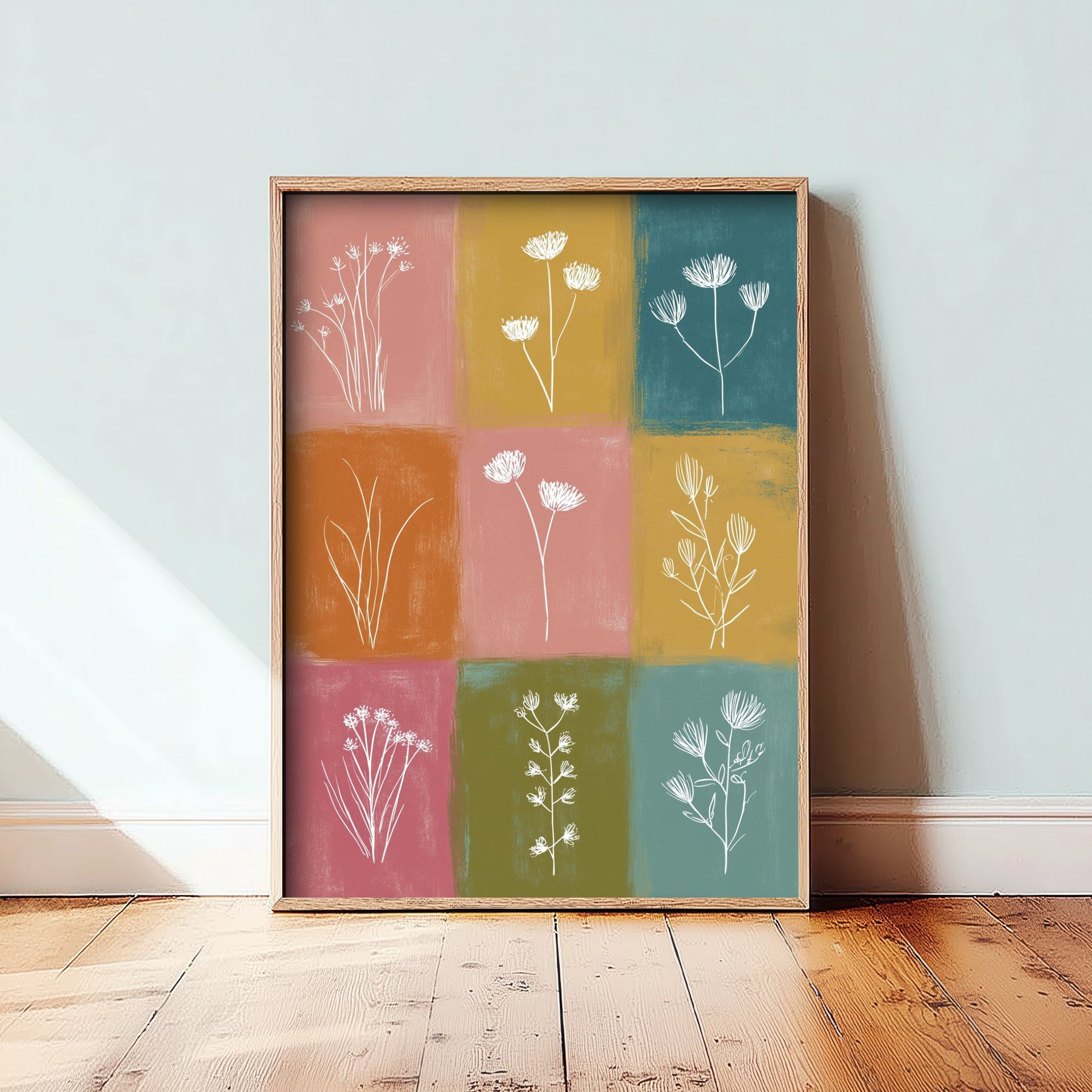Wildflower Grid Art Print - Boho Botanical Poster - Colourful Line Illustration - Pink and Mustard Floral V1 2/3