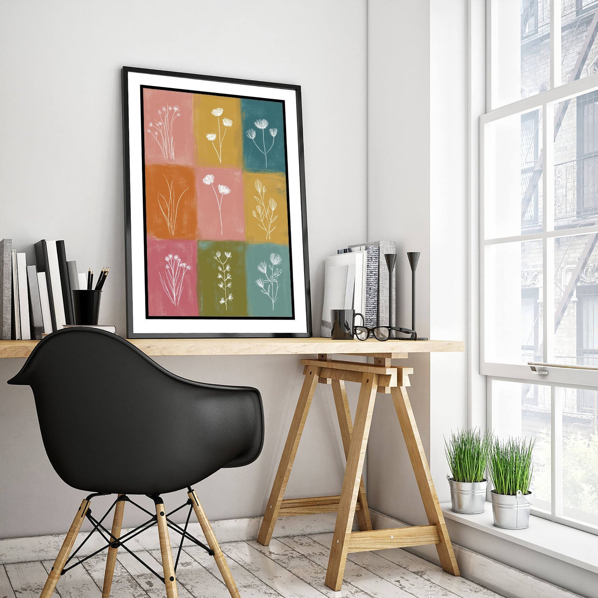 Wildflower Grid Art Print - Boho Botanical Poster - Colourful Line Illustration - Pink and Mustard Floral V1 2/3