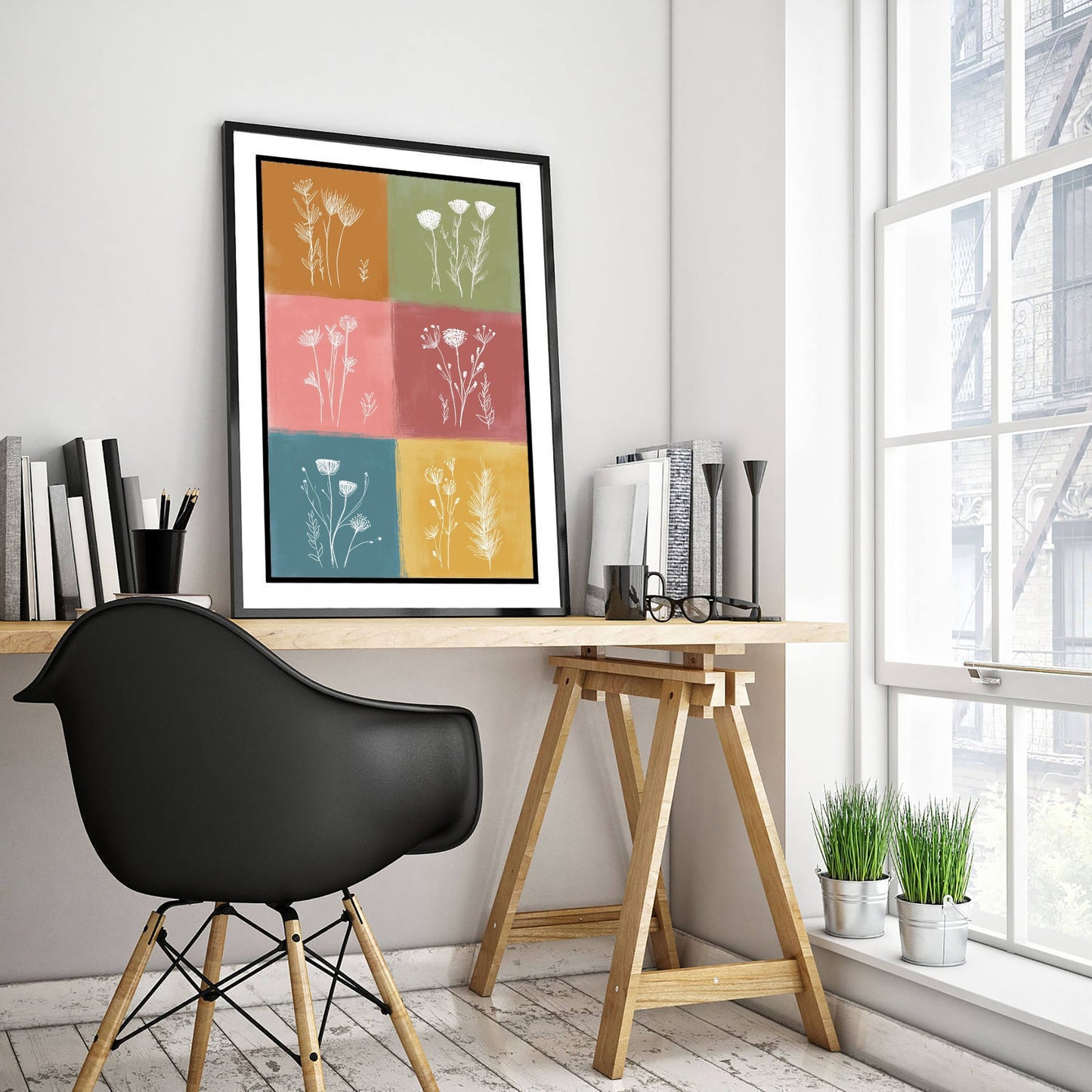 Wildflower Grid Art Print - Boho Botanical Poster - Colourful Line Illustration - Green and Gold Floral V1 3/3
