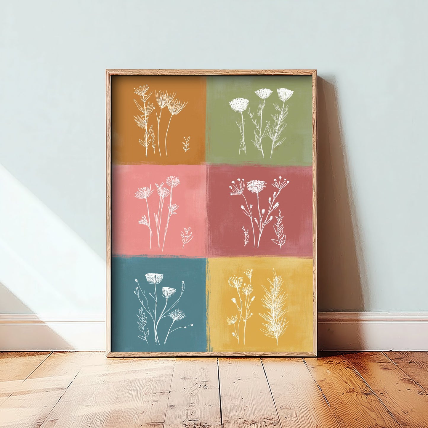Wildflower Grid Art Print - Boho Botanical Poster - Colourful Line Illustration - Green and Gold Floral V1 3/3