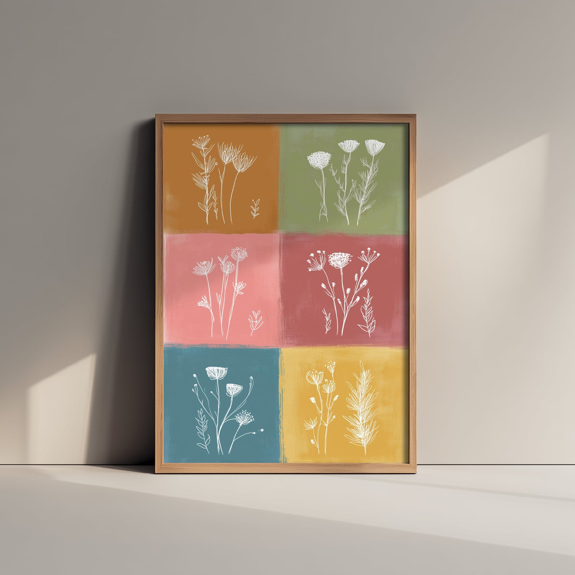 Wildflower Grid Art Print - Boho Botanical Poster - Colourful Line Illustration - Green and Gold Floral V1 3/3