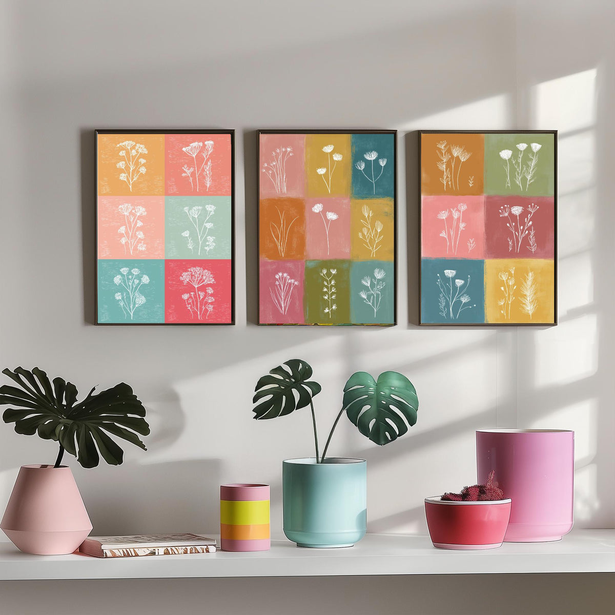 Wildflower Grid Set of Three Art Prints - 3 Botanical Line Posters - Colourful Mid Century Wall Art Gift Illustration Floral