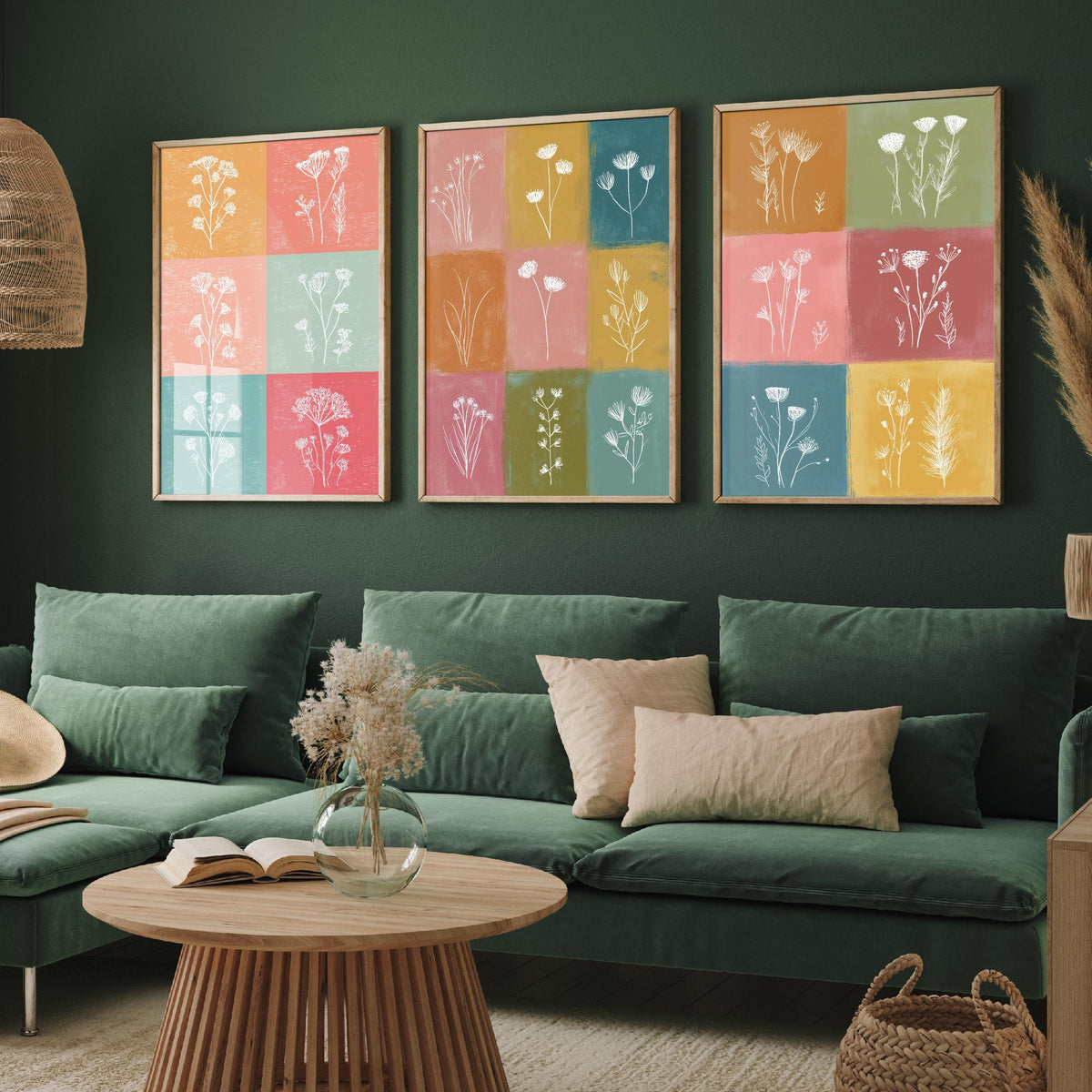 Wildflower Grid Set of Three Art Prints - 3 Botanical Line Posters - Colourful Mid Century Wall Art Gift Illustration Floral