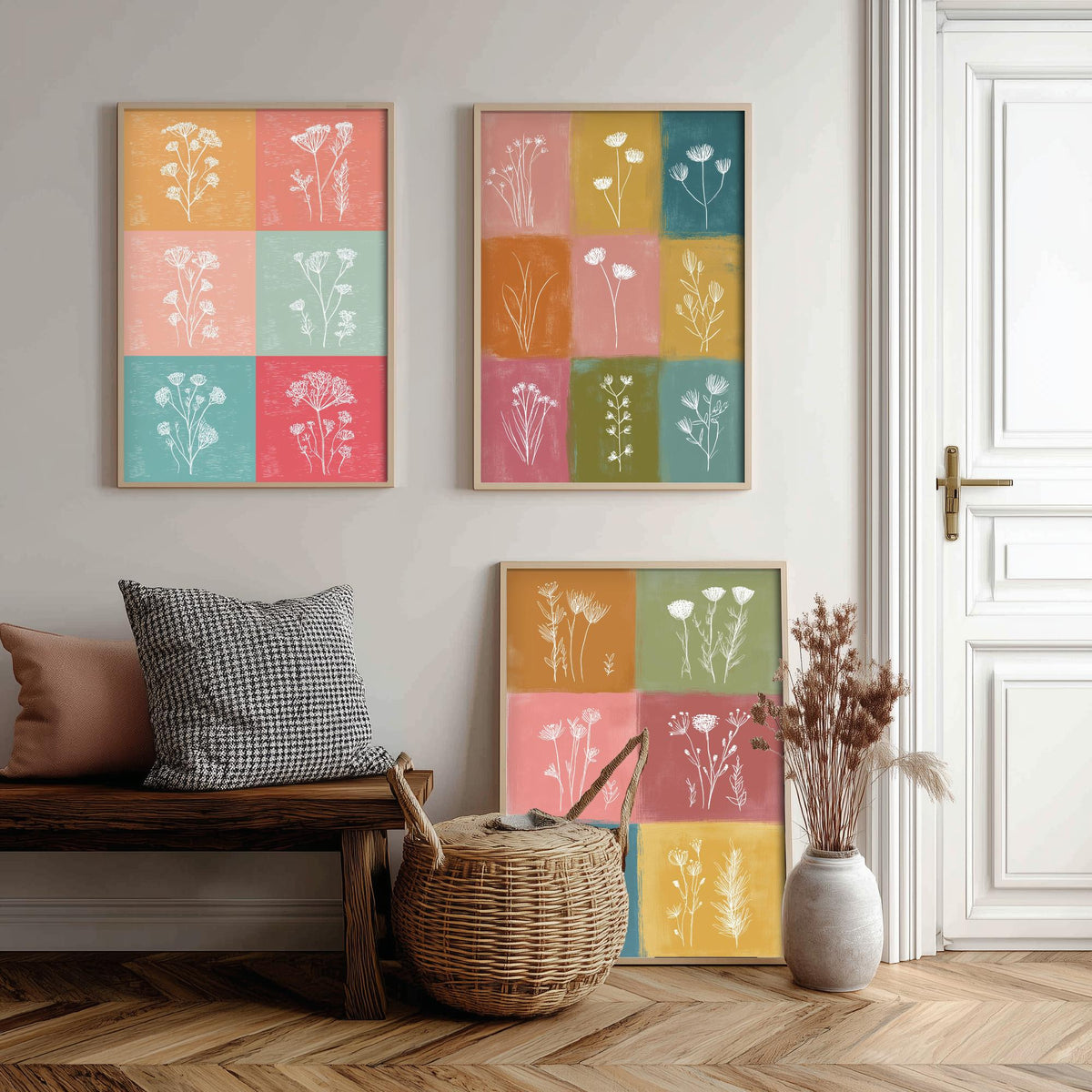 Wildflower Grid Set of Three Art Prints - 3 Botanical Line Posters - Colourful Mid Century Wall Art Gift Illustration Floral