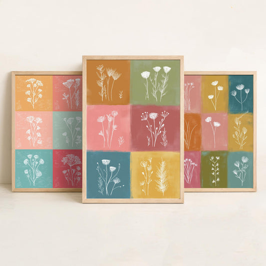 Wildflower Grid Set of Three Art Prints - 3 Botanical Line Posters - Colourful Mid Century Wall Art Gift Illustration Floral