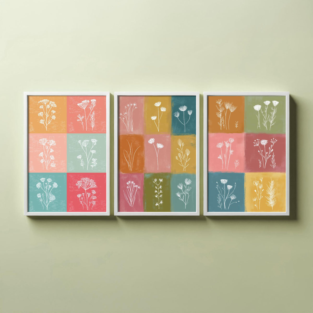 Wildflower Grid Set of Three Art Prints - 3 Botanical Line Posters - Colourful Mid Century Wall Art Gift Illustration Floral