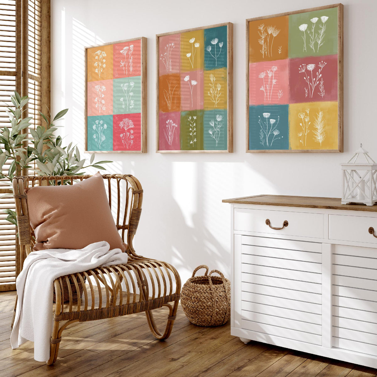 Wildflower Grid Set of Three Art Prints - 3 Botanical Line Posters - Colourful Mid Century Wall Art Gift Illustration Floral