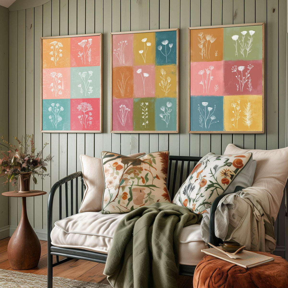 Wildflower Grid Set of Three Art Prints - 3 Botanical Line Posters - Colourful Mid Century Wall Art Gift Illustration Floral