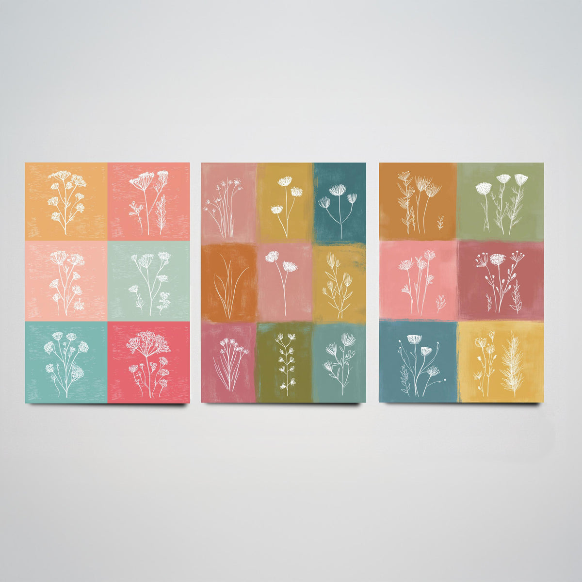 Wildflower Grid Set of Three Art Prints - 3 Botanical Line Posters - Colourful Mid Century Wall Art Gift Illustration Floral