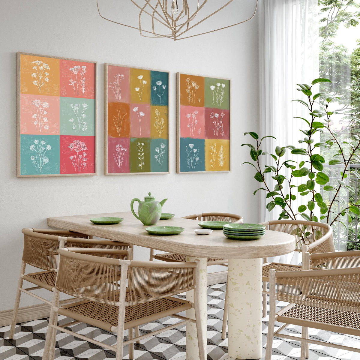 Wildflower Grid Set of Three Art Prints - 3 Botanical Line Posters - Colourful Mid Century Wall Art Gift Illustration Floral