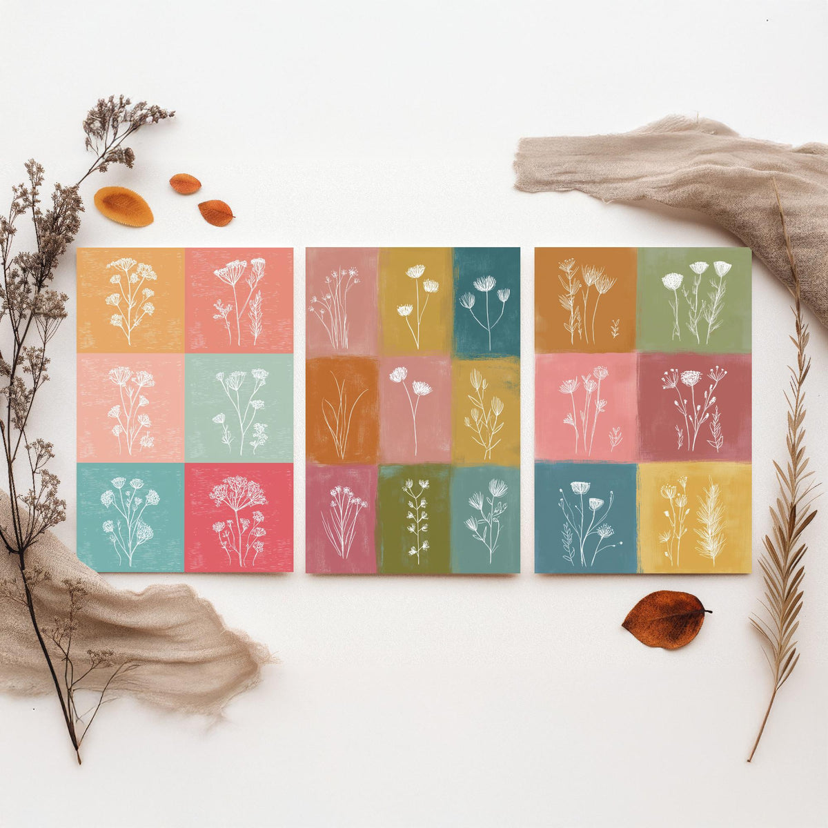 Wildflower Grid Set of Three Art Prints - 3 Botanical Line Posters - Colourful Mid Century Wall Art Gift Illustration Floral