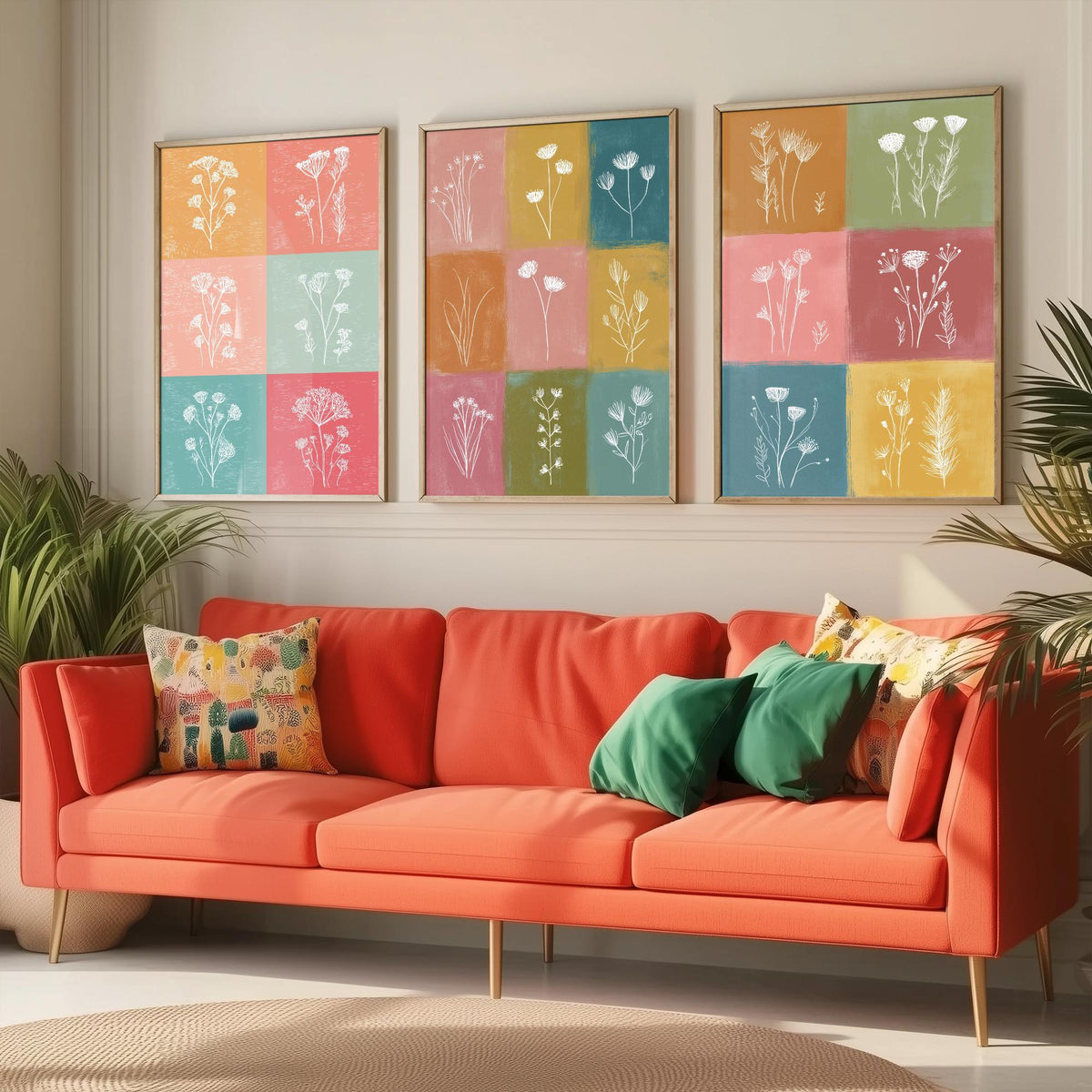 Wildflower Grid Set of Three Art Prints - 3 Botanical Line Posters - Colourful Mid Century Wall Art Gift Illustration Floral