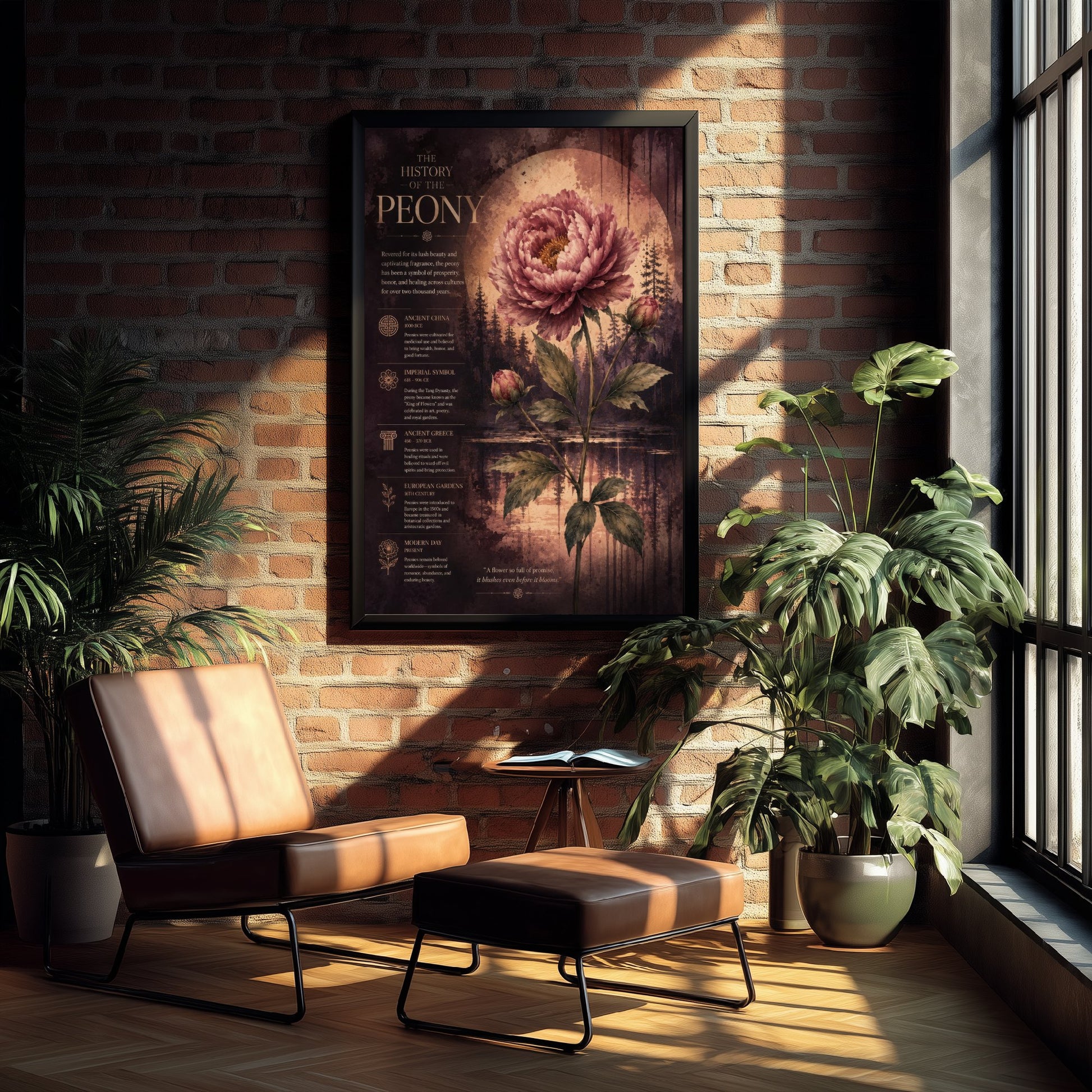 History of the Peony Art Print - Vintage Botanical Poster - Dark Academia Flower Painting - Educational Wall Art 1/3