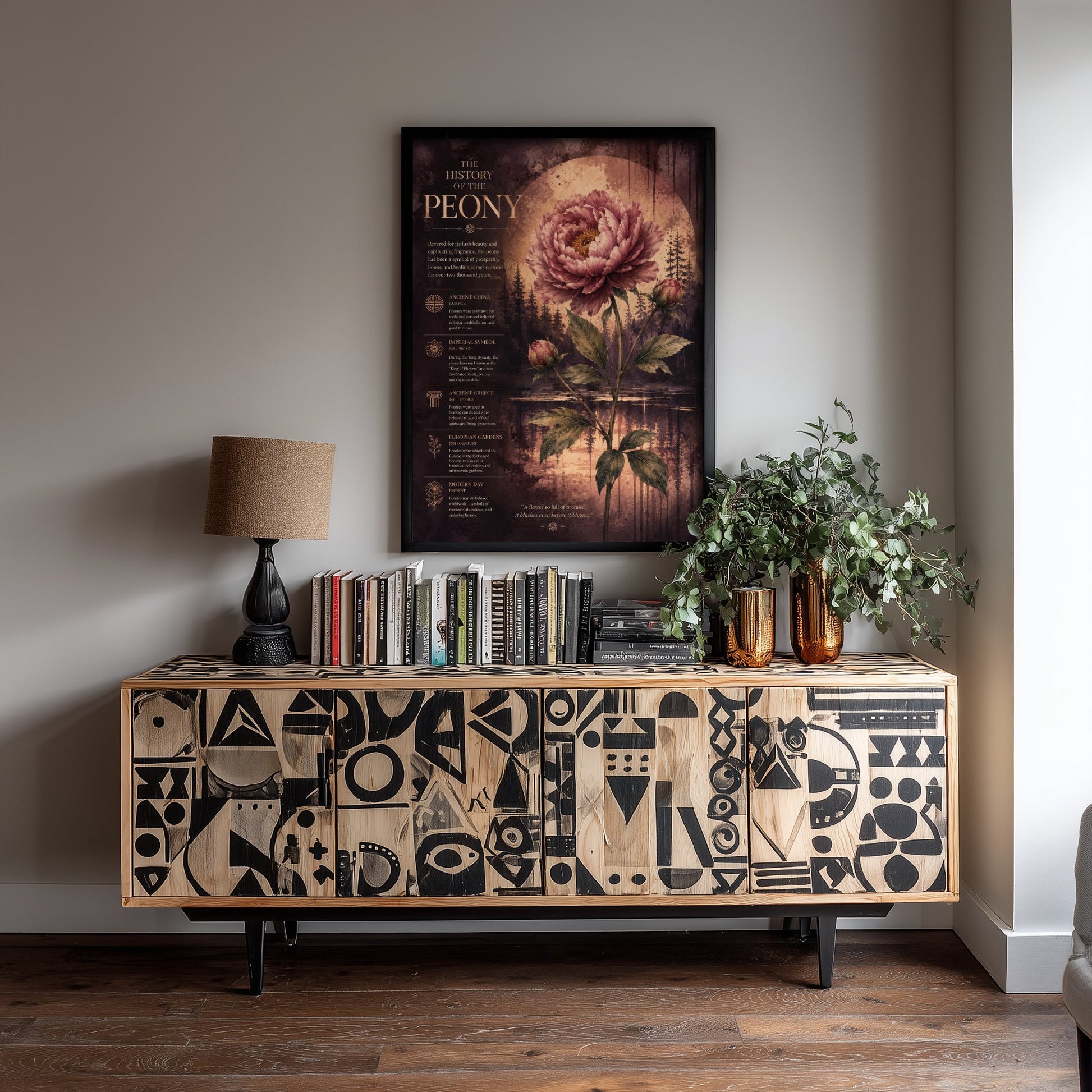 History of the Peony Art Print - Vintage Botanical Poster - Dark Academia Flower Painting - Educational Wall Art 1/3