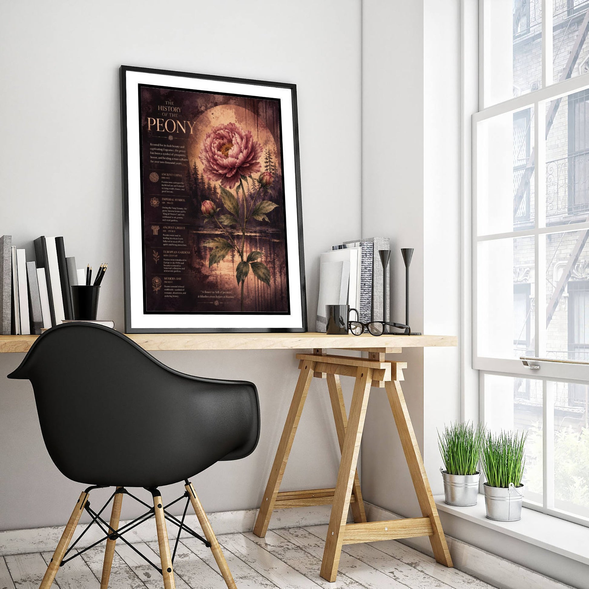 History of the Peony Art Print - Vintage Botanical Poster - Dark Academia Flower Painting - Educational Wall Art 1/3