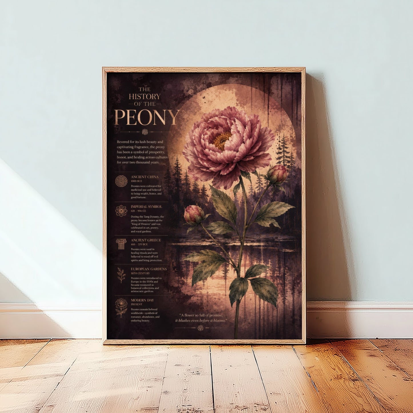 History of the Peony Art Print - Vintage Botanical Poster - Dark Academia Flower Painting - Educational Wall Art 1/3