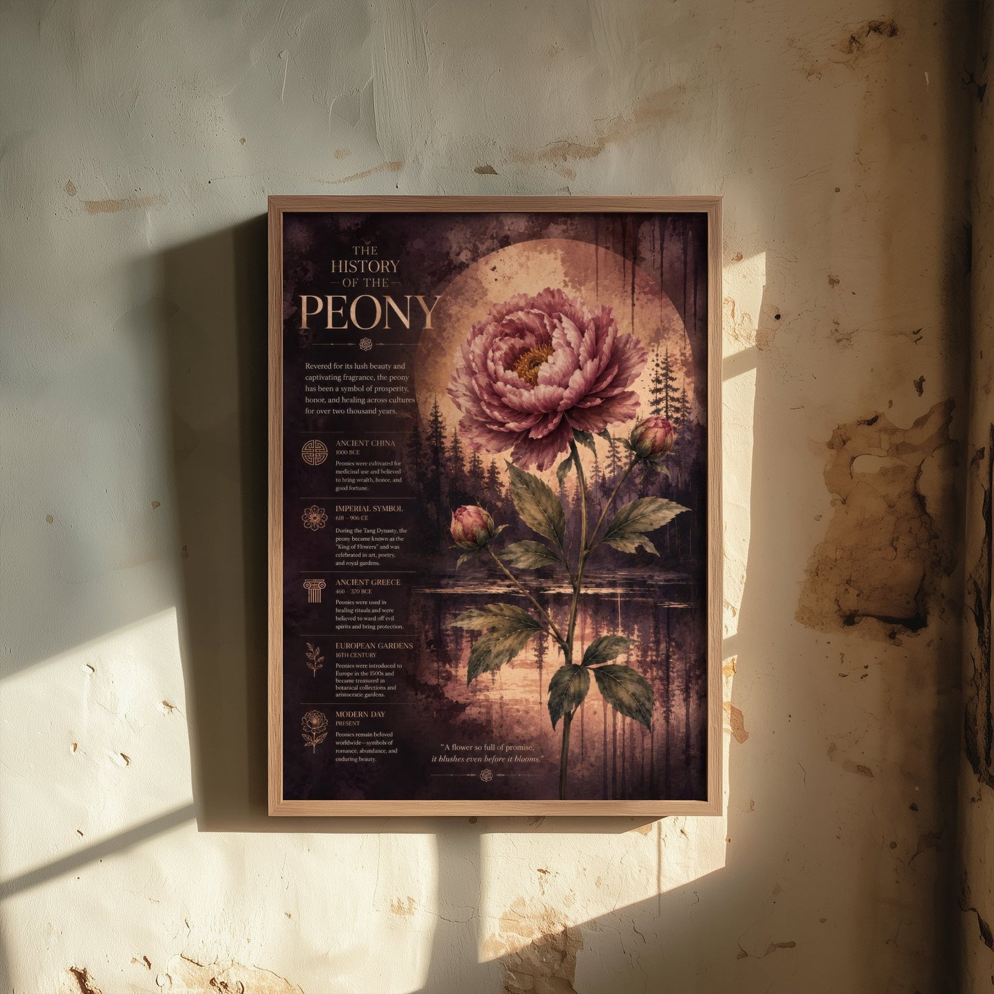History of the Peony Art Print - Vintage Botanical Poster - Dark Academia Flower Painting - Educational Wall Art 1/3