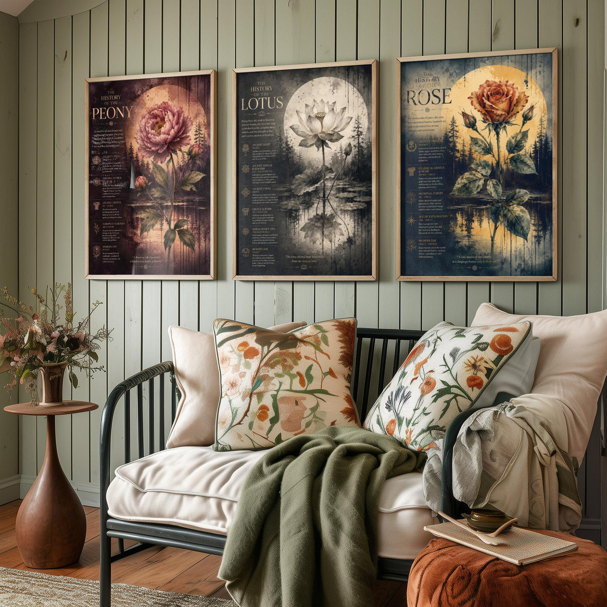 Flower History Set of Three Art Prints - 3 Peony Lotus Rose Botanical Posters - Vintage Wall Art Gift Illustration Educational