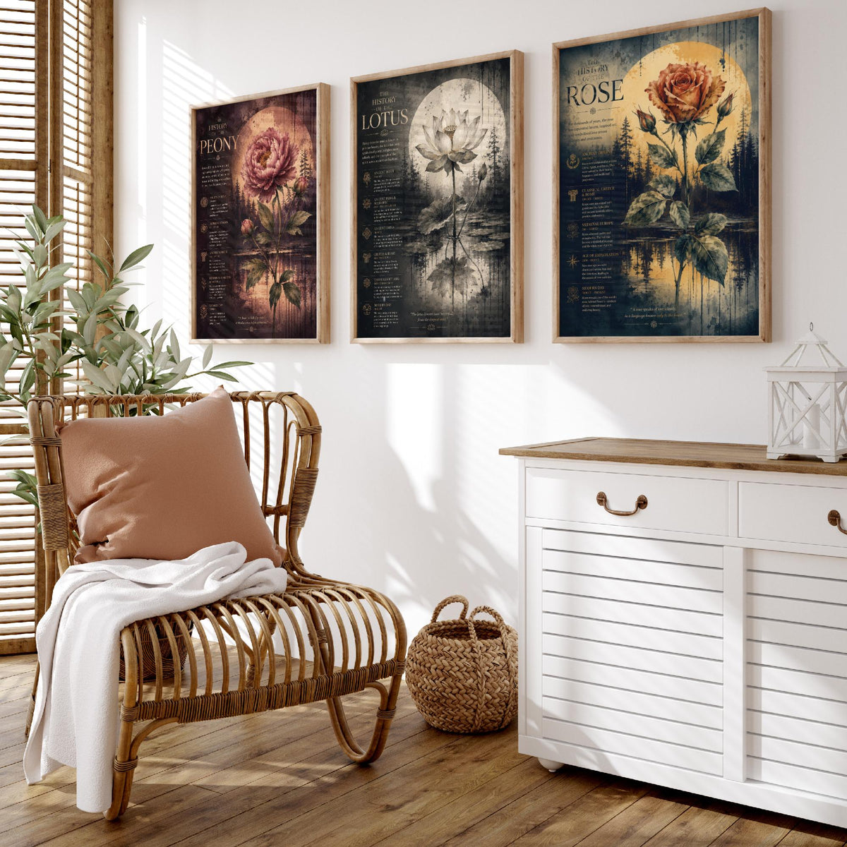 Flower History Set of Three Art Prints - 3 Peony Lotus Rose Botanical Posters - Vintage Wall Art Gift Illustration Educational