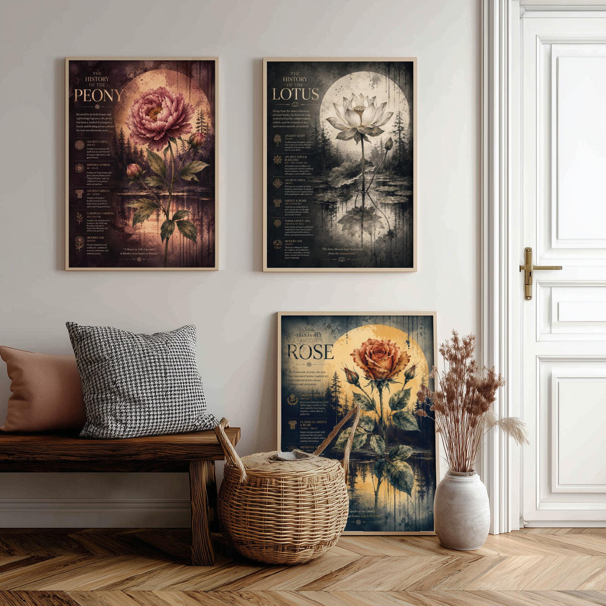 Flower History Set of Three Art Prints - 3 Peony Lotus Rose Botanical Posters - Vintage Wall Art Gift Illustration Educational