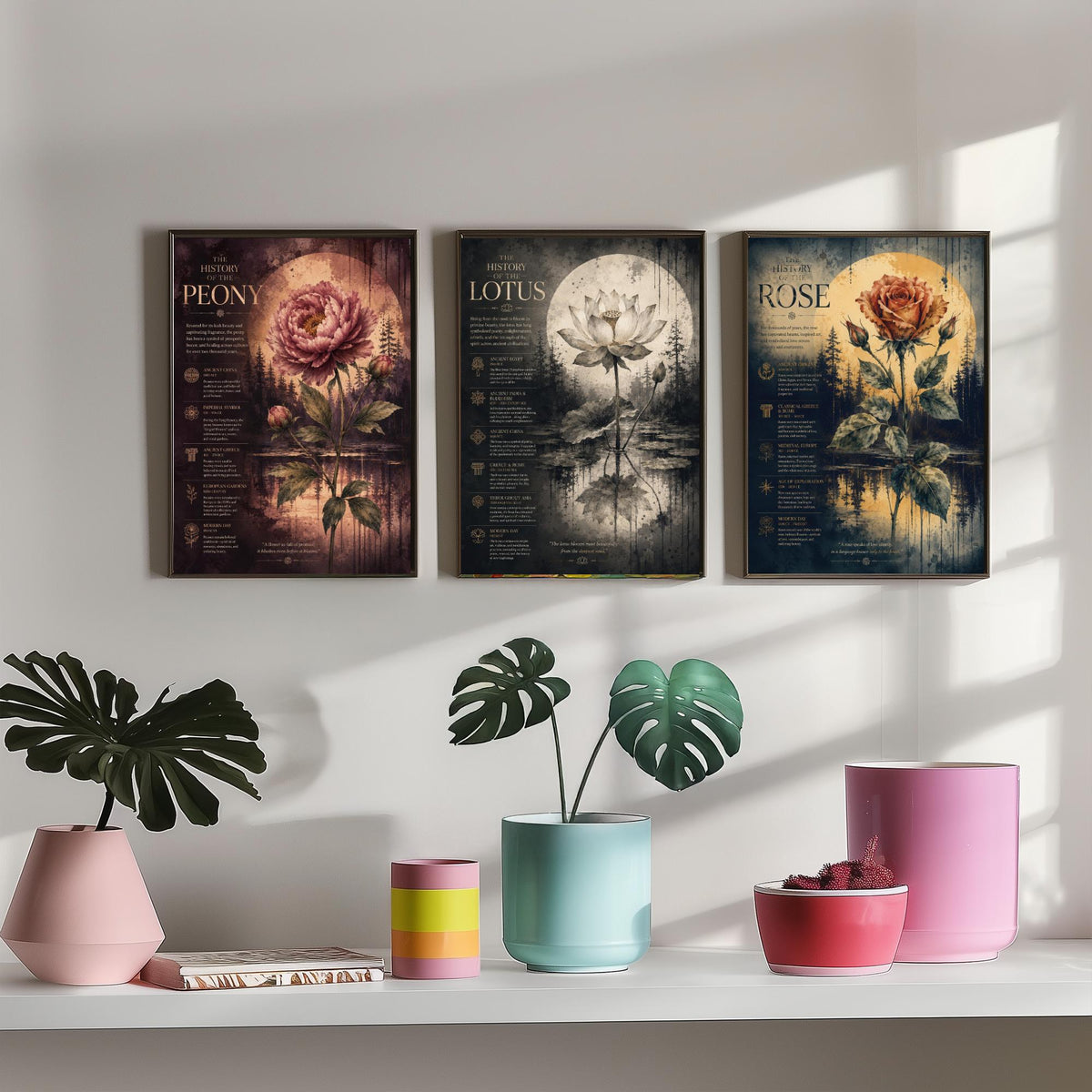 Flower History Set of Three Art Prints - 3 Peony Lotus Rose Botanical Posters - Vintage Wall Art Gift Illustration Educational
