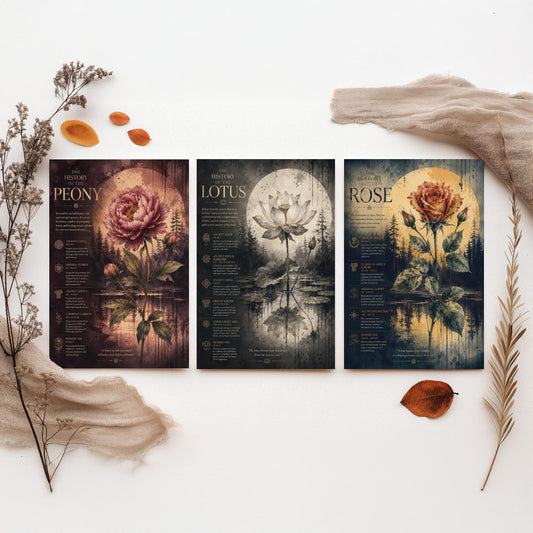 Flower History Set of Three Art Prints - 3 Peony Lotus Rose Botanical Posters - Vintage Wall Art Gift Illustration Educational