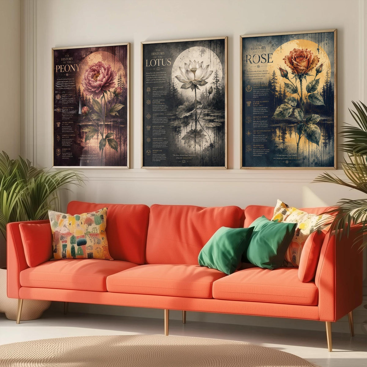 Flower History Set of Three Art Prints - 3 Peony Lotus Rose Botanical Posters - Vintage Wall Art Gift Illustration Educational