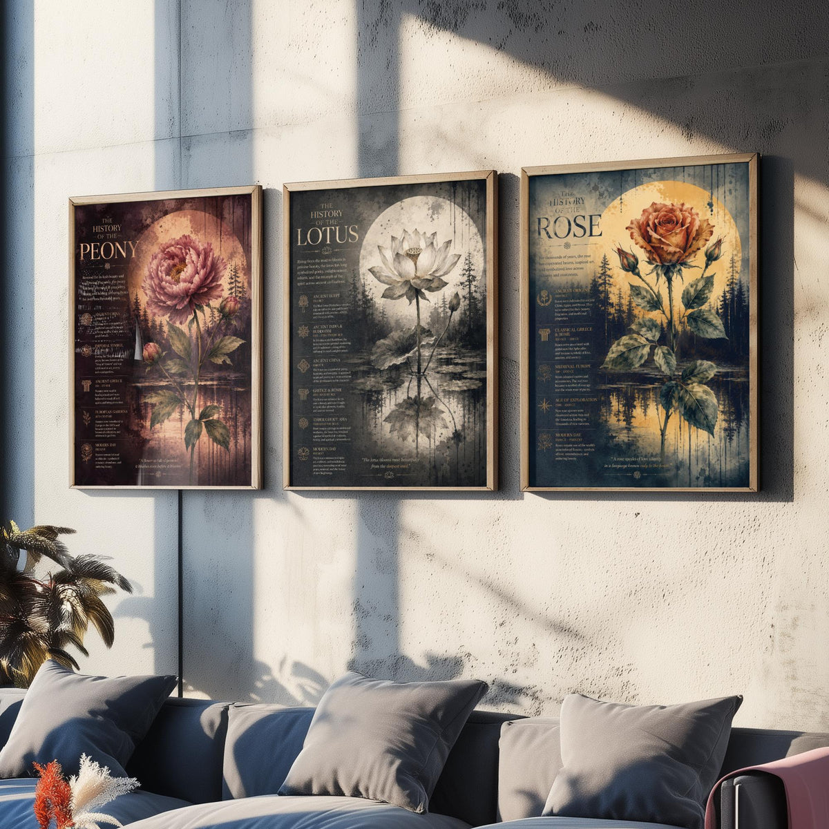 Flower History Set of Three Art Prints - 3 Peony Lotus Rose Botanical Posters - Vintage Wall Art Gift Illustration Educational