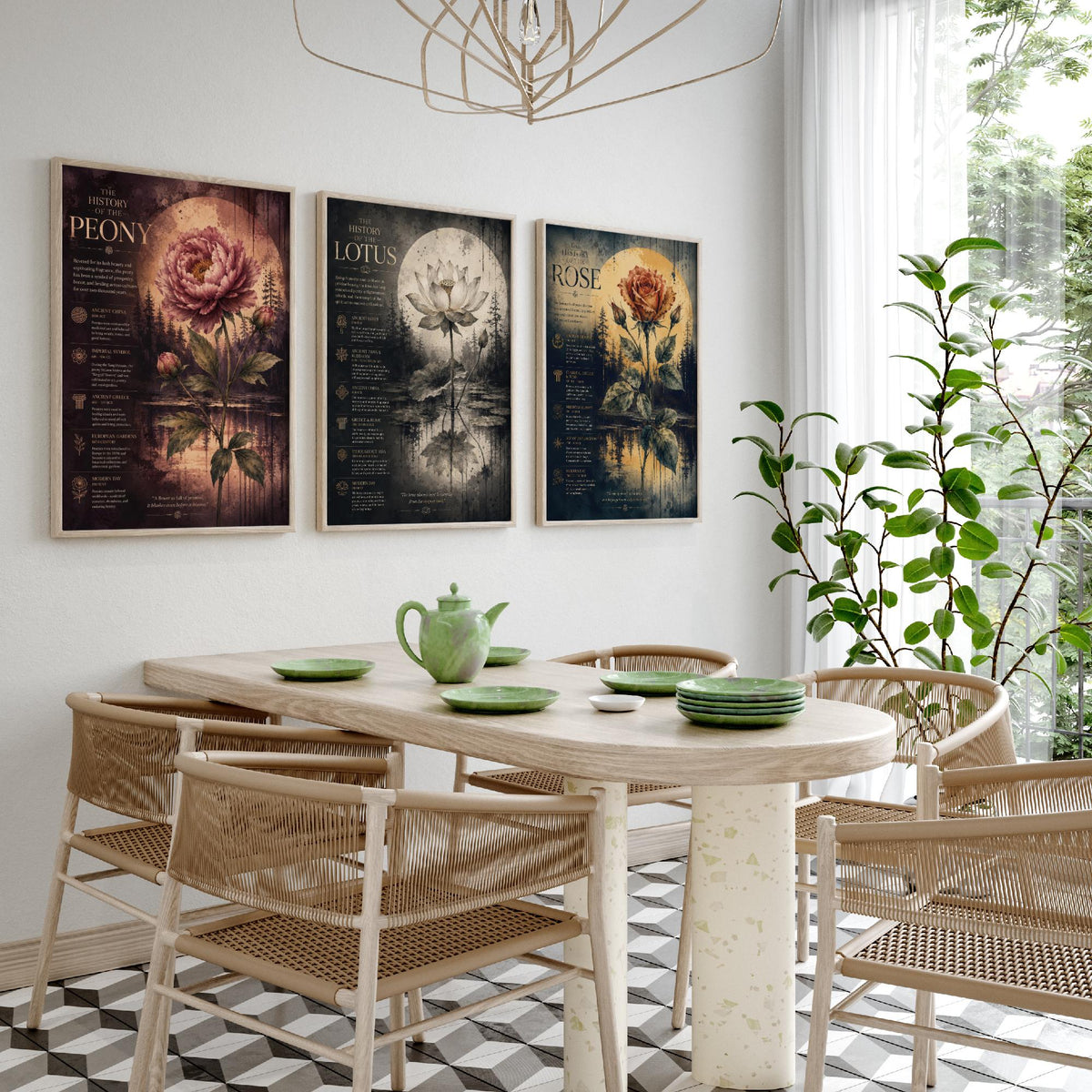 Flower History Set of Three Art Prints - 3 Peony Lotus Rose Botanical Posters - Vintage Wall Art Gift Illustration Educational
